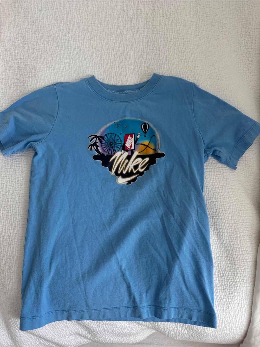Nike Blue Kids Short-Sleeve Tee with Colorful Beach Graphic